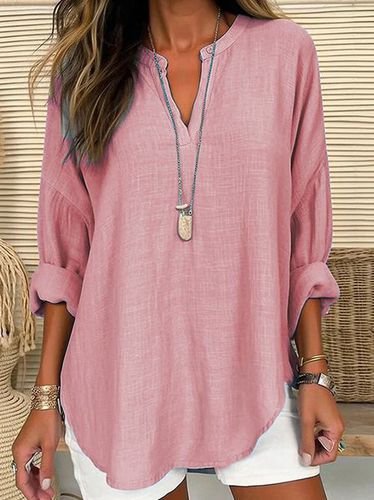 Loose Plain Notched Casual Blouse - Just Fashion Now - Modalova