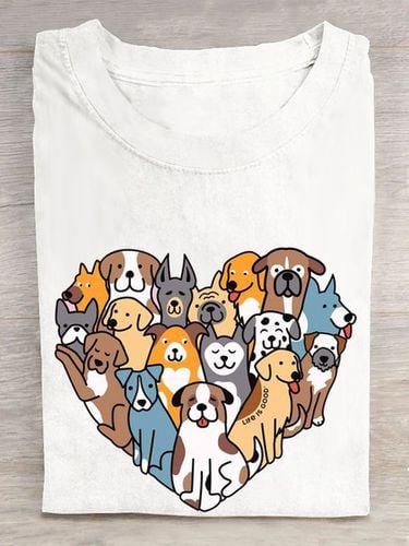 Heart shaped dog print round neck casual short sleeved T-shirt - Just Fashion Now - Modalova