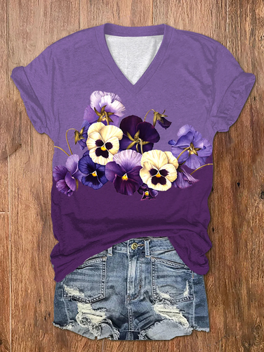 Women's Alzheimer's Purple Floral Print V-Neck T-Shirt - Modetalente - Modalova