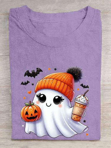 Fun Halloween Pumpkin Printed Round Neck T-shirt - Just Fashion Now - Modalova