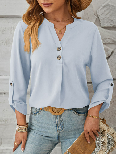 Women's Long Sleeve Blouse Spring/Fall Apricot Plain Buckle Crew Neck Daily Going Out Casual Top - Just Fashion Now - Modalova