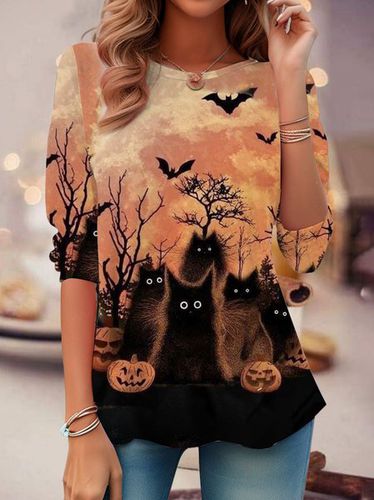 Halloween Cat Print T-Shirt - Just Fashion Now - Modalova