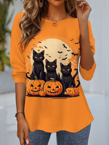 Women's Long Sleeve T-shirt Spring/Fall Orange Cat Jersey Crew Neck Daily Going Out Casual Top - Just Fashion Now - Modalova