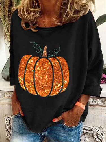 Sequin Pumpkin Print Casual Sweatshirt - Just Fashion Now - Modalova