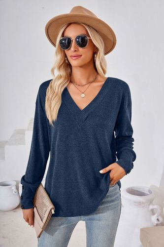 Women's Long Sleeve T-shirt Spring/Fall Black Plain Buckle V Neck Daily Going Out Casual Top - Just Fashion Now - Modalova