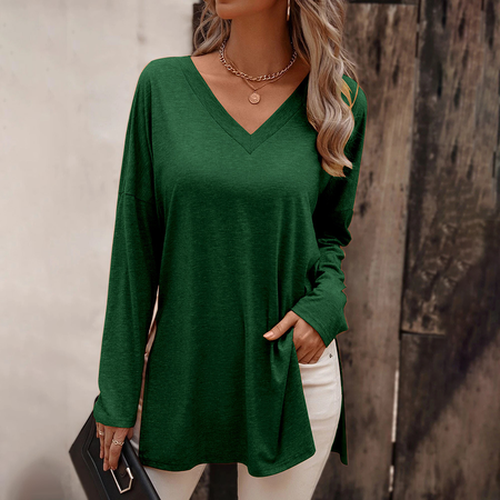 Women's Long Sleeve T-shirt Spring/Fall Brown Plain V Neck Daily Going Out Casual Top - Just Fashion Now - Modalova