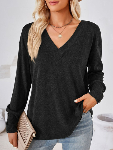 Women's Long Sleeve T-shirt Spring/Fall Black Plain Buckle V Neck Daily Going Out Casual Top - Just Fashion Now - Modalova