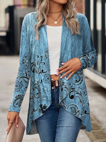 Blue Floral Design Casual Shawl Jacket - Just Fashion Now - Modalova