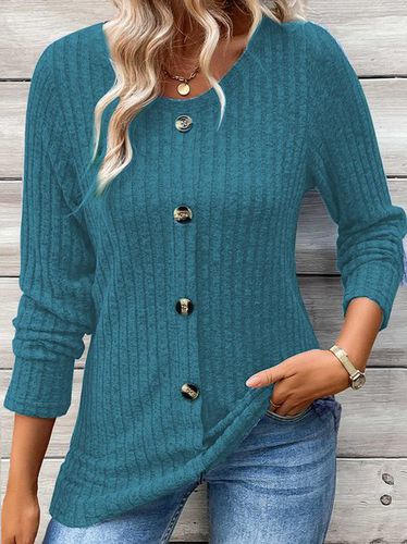 Women's Long Sleeve T-shirt Spring/Fall Blue Plain Buckle Crew Neck Daily Going Out Casual Top - Just Fashion Now - Modalova