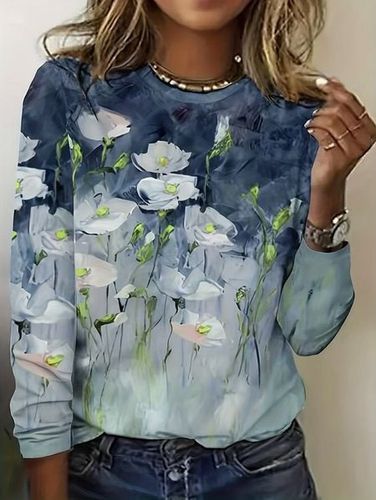 Floral Jersey Casual Crew Neck T-Shirt - Just Fashion Now - Modalova