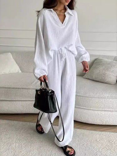 Women's Plain Daily Going Out Two-Piece Set White Casual Spring/Fall Top With Pants Matching Set - Just Fashion Now - Modalova