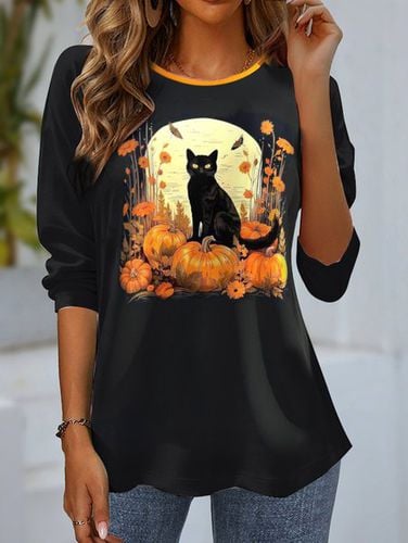 Women's Long Sleeve T-shirt Spring/Fall Black Cat Jersey Crew Neck Daily Going Out Casual Top - Just Fashion Now - Modalova