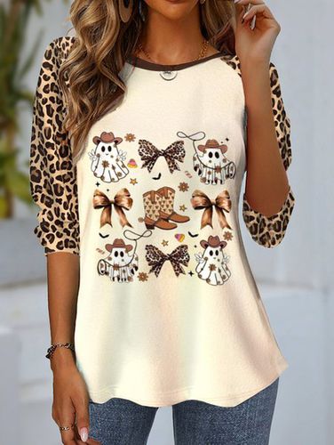 Women's Long Sleeve T-shirt Spring/Fall Apricot Leopard Jersey Crew Neck Daily Going Out Casual Top - Just Fashion Now - Modalova