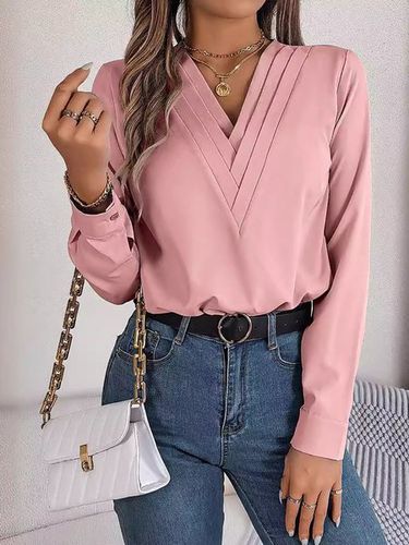 Loose Plain V Neck Casual Blouse - Just Fashion Now - Modalova