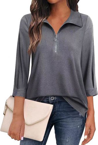 Women's Three Quarter Sleeve Blouse Spring/Fall Blue Plain Zipper Shirt Collar Daily Going Out Casual Top - Just Fashion Now - Modalova