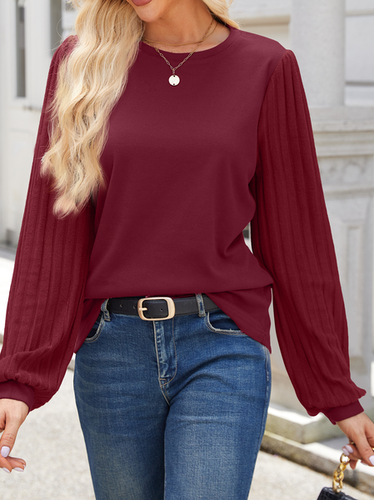 Women's Long Sleeve Blouse Spring/Fall Wine Red Plain Knitted Crew Neck Balloon Sleeve Daily Going Out Casual Top - Just Fashion Now - Modalova