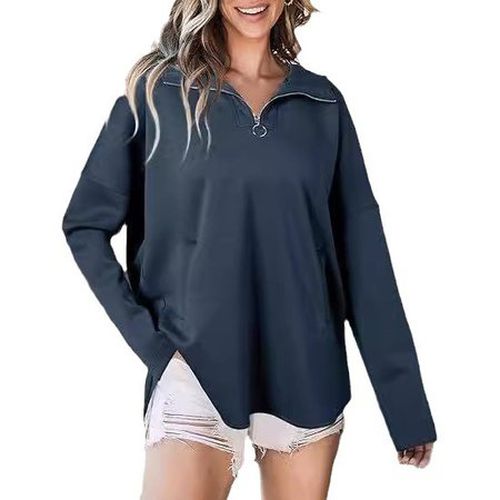 Zipper Shawl Collar Casual Loose Sweatshirt With No - Just Fashion Now - Modalova