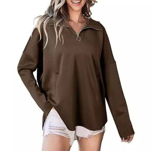 Zipper Shawl Collar Casual Loose Sweatshirt With No - Just Fashion Now - Modalova