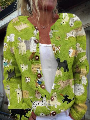 Dog Art Button Knitted Sweater Cardigan - Just Fashion Now - Modalova