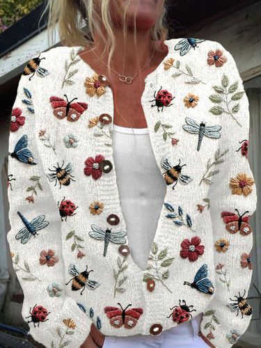 Insect flower embroidery pattern button knit cardigan - Just Fashion Now - Modalova