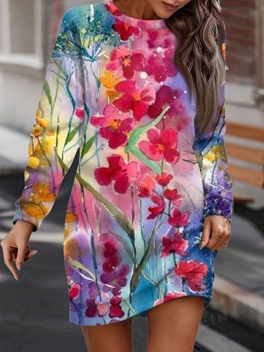 Crew Neck Floral Loose Casual Dress - Just Fashion Now - Modalova