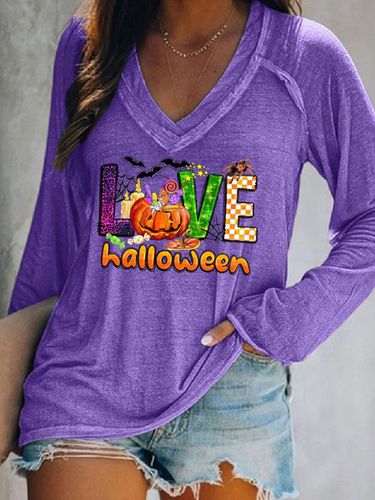 Casual V-neck Halloween T-Shirt - Just Fashion Now - Modalova