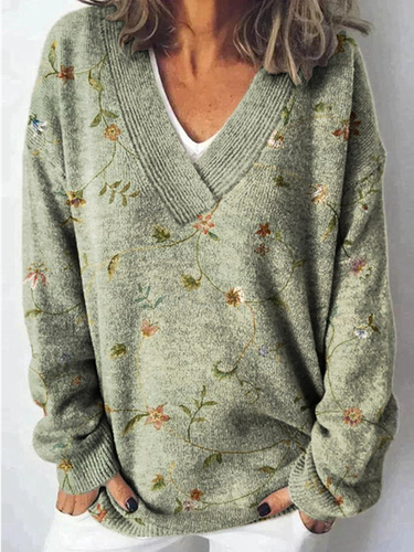 V Neck Casual Floral Sweater - Just Fashion Now - Modalova