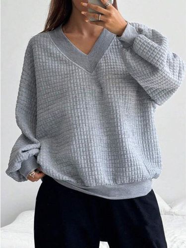 Loose V Neck Plain Casual Sweatshirt - Just Fashion Now - Modalova