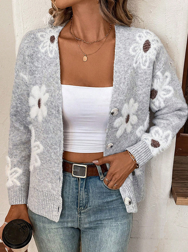 Yarn/Wool Yarn Floral Buckle Casual Cardigan - Just Fashion Now - Modalova