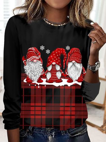 Christmas plaid and dwarf print long sleeved round neck casual women's T-shirt - Just Fashion Now - Modalova