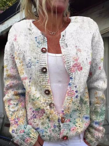 Casual Loose Floral Crew Neck Cardigan - Just Fashion Now - Modalova