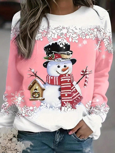 Christmas Snowman Round Neck Casual Sweatshirt - Just Fashion Now - Modalova