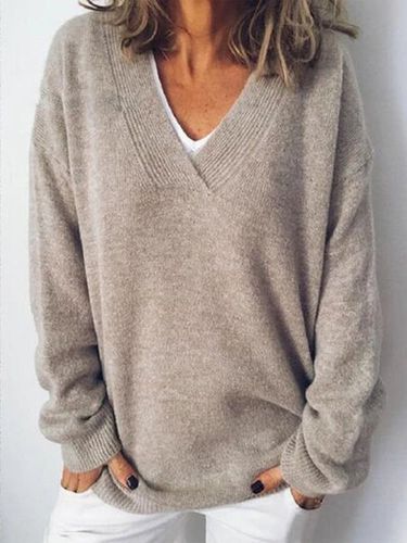 V Neck Yarn/Wool Yarn Loose Casual Sweater - Just Fashion Now - Modalova