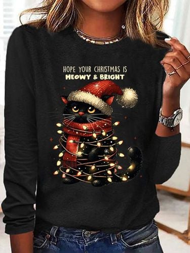 Hope Your Christmas Is Meowy and Bright Casual Long Sleeve Shirt - Just Fashion Now - Modalova