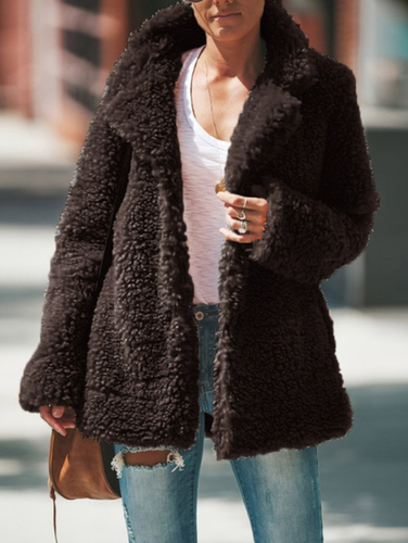 Fluff Plain Casual Loose Teddy Jacket - Just Fashion Now - Modalova