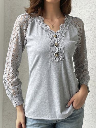 V Neck Casual Plain Lace Bukle T-Shirt - Just Fashion Now - Modalova