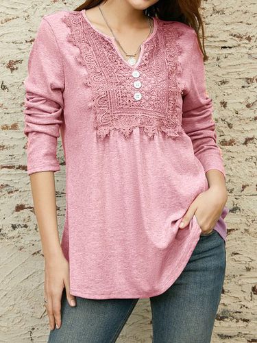Lace Notched Casual Loose Ruched Shirt - Just Fashion Now - Modalova