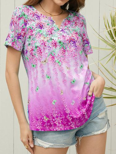 Loose Casual V Neck Floral T-Shirt - Just Fashion Now - Modalova