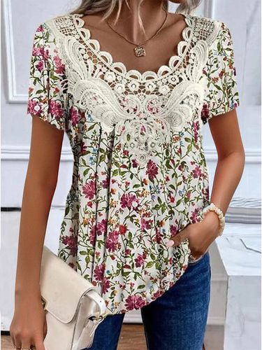 Lace Casual Crew Neck Floral Shirt - Just Fashion Now - Modalova