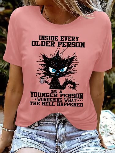 Women's funny grumpy cat Inside Every Older Person Is A Younger Person Letters Casual Crew Neck T-Shirt - Modetalente - Modalova