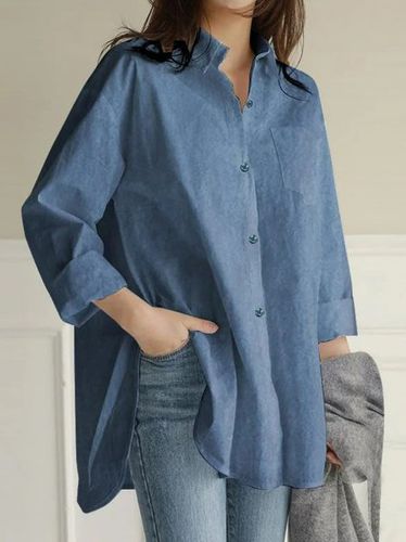 Casual Plain Loose Shirt Collar Blouse - Just Fashion Now - Modalova