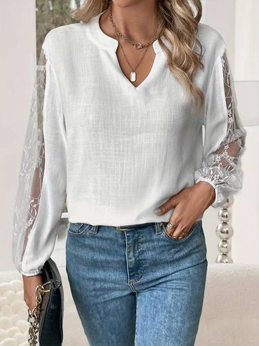 Loose V Neck Plain Linen Shirt - Just Fashion Now - Modalova