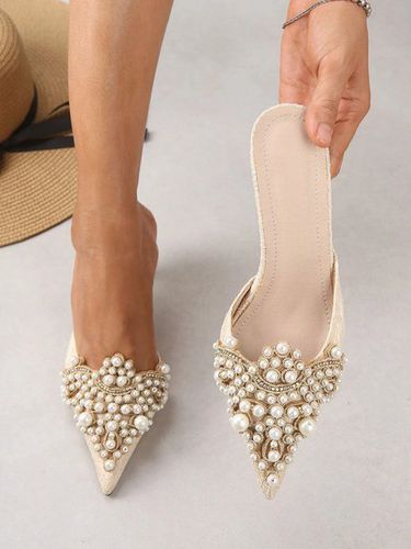 Elegant Imitation Pearl Pointed Toe Kitten Heel Mules - Just Fashion Now - Modalova