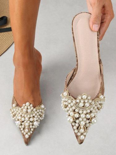 Elegant Imitation Pearl Pointed Toe Kitten Heel Mules - Just Fashion Now - Modalova