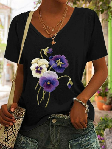 Pansies Floral Casual Cotton-Blend T-Shirt - Just Fashion Now - Modalova