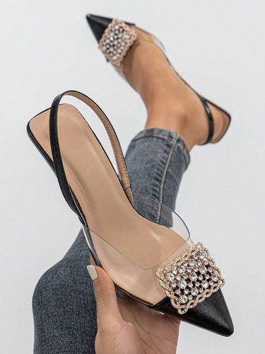Rhinestone Square Buckle PVC Paneled Kitten Heel Slingback Sandals - Just Fashion Now - Modalova