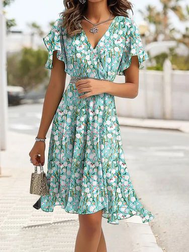Ruffled Sleeves V Neck Elegant Floral Dress - Just Fashion Now - Modalova