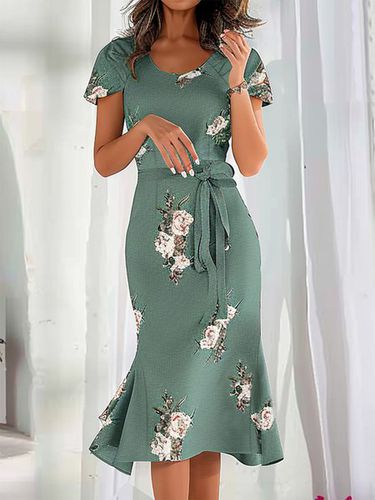 Crew Neck Elegant Cotton-Blend Floral Dress - Just Fashion Now - Modalova