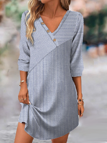 Striped Loose V Neck Casual Dress With No - Just Fashion Now - Modalova