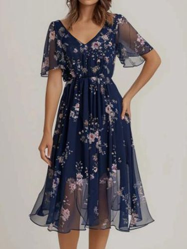 Organza V Neck Elegant Ruffled Sleeves Floral Dress - Just Fashion Now - Modalova